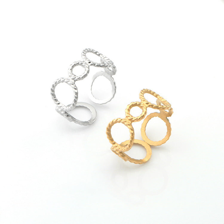 New Ins style minimalist niche striped carving double circle splicing design stainless steel open ring