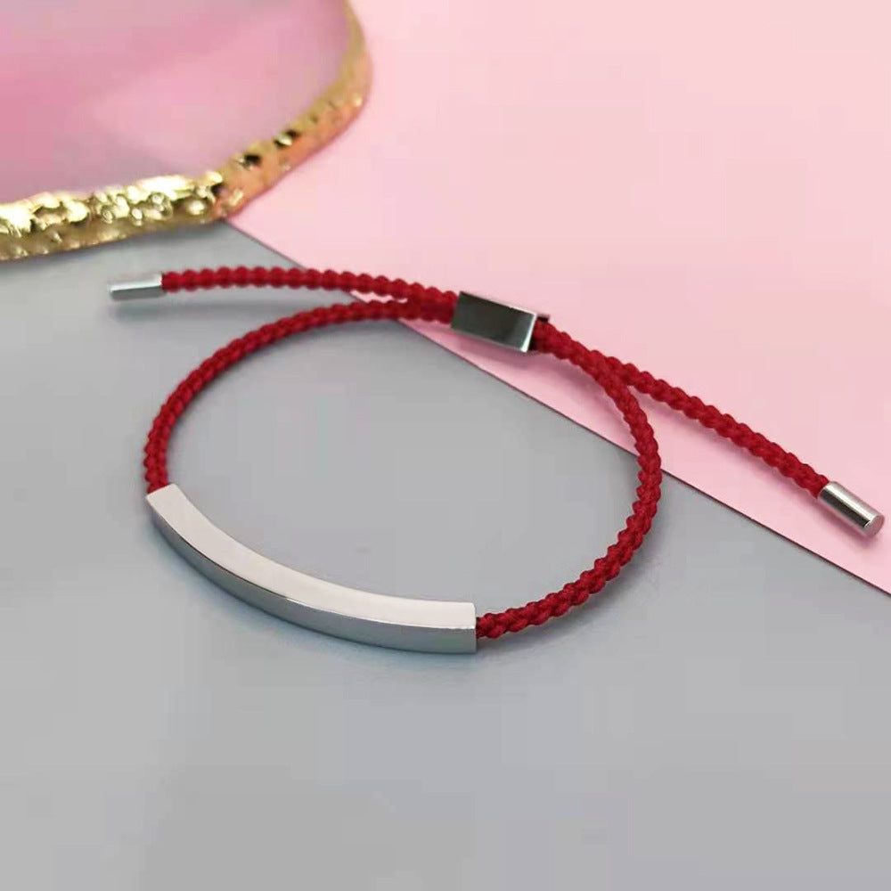 Design sense: titanium steel niche couple bracelet with adjustable braided rope, stainless steel bent tube bracelet, ins with engraved characters