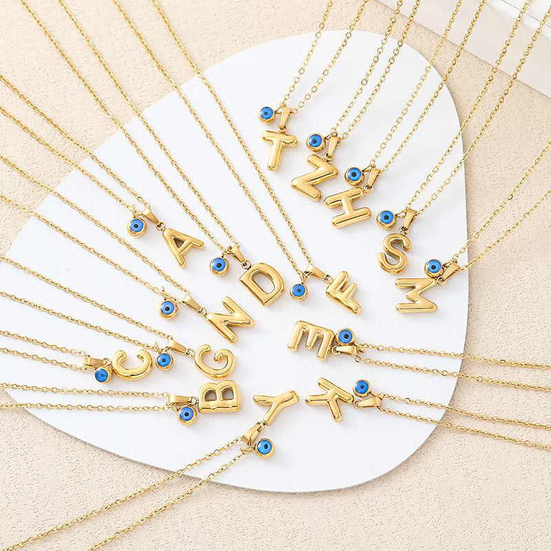 Personalized letter eye necklace, simple stainless steel collarbone chain, English letter pendant