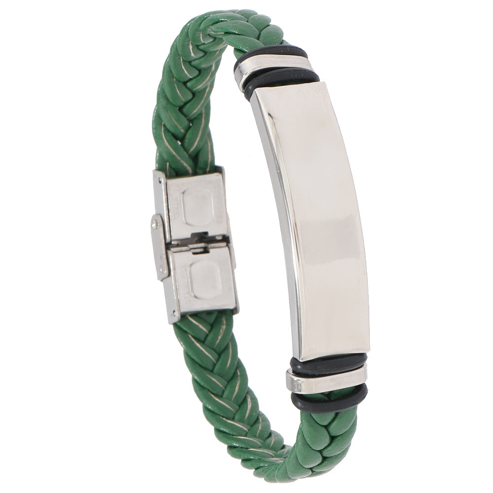 Cross border European and American stainless steel simple bracelet, light plate engraved leather woven bracelet, men's bracelet