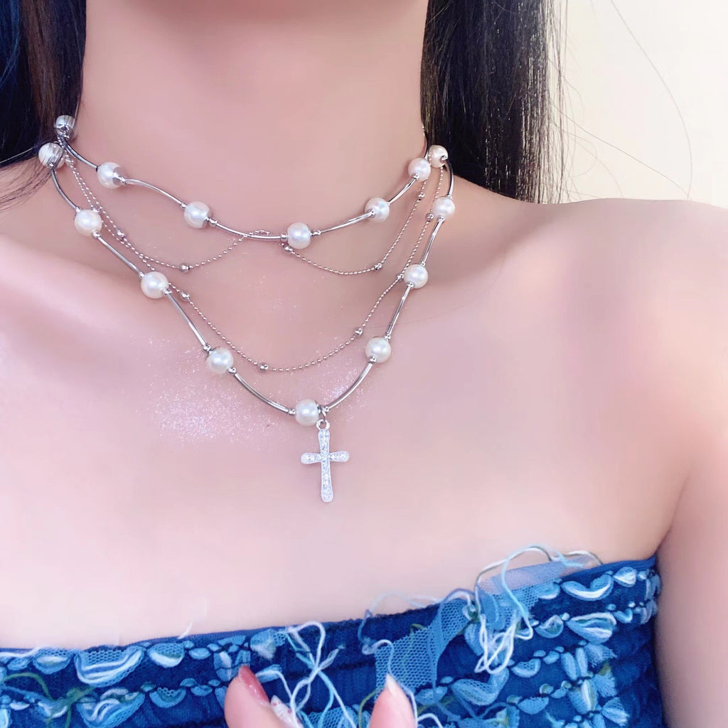European and American cross heavy industry pearl necklace, dark gothic style multi-layer layered necklace, niche design accessory