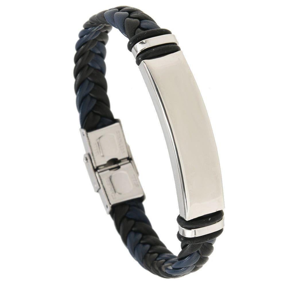 Cross border European and American stainless steel simple bracelet, light plate engraved leather woven bracelet, men's bracelet