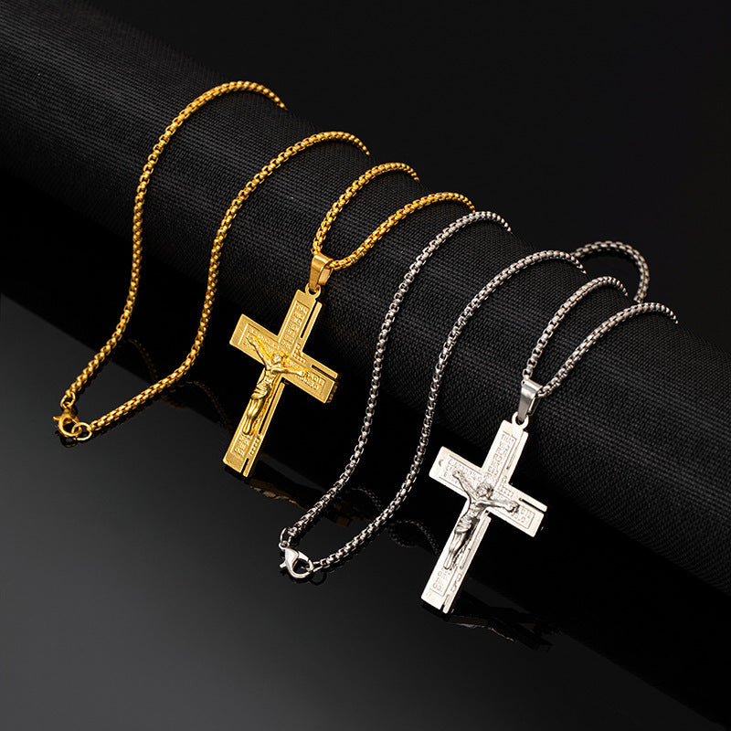 European and American relief letter carving cross titanium steel necklace for men and women, trendy, cool, light luxury, high-end sweater chain