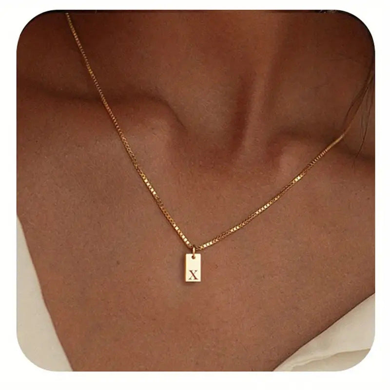 Geometric Metal Carving 26 English Letter Square Pendant Women's Necklace Copper Plated 14K Gold