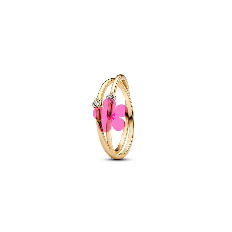 New style white copper plated 925 silver inlaid with diamonds, pink heart-shaped butterfly, simple rose, fashionable ring