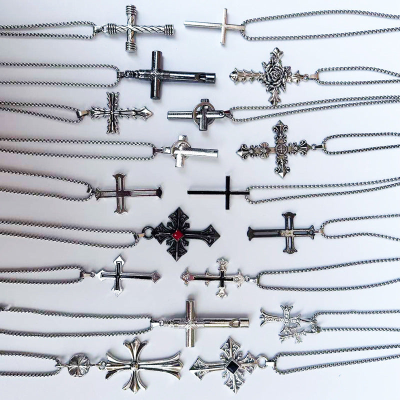 European and American jewelry, diamond necklace, cross pendant, simple retro versatile men's accessories, sweater chain