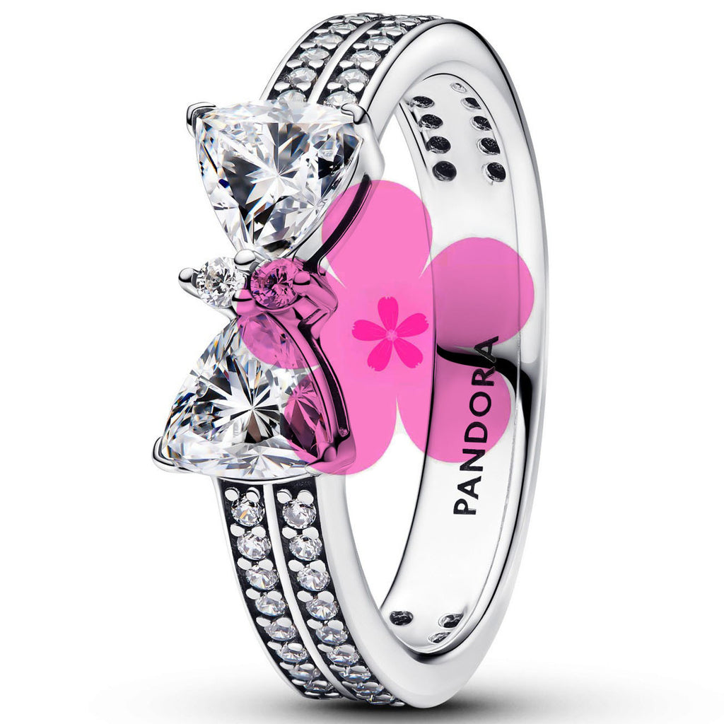 New style white copper plated 925 silver inlaid with diamonds, pink heart-shaped butterfly, simple rose, fashionable ring