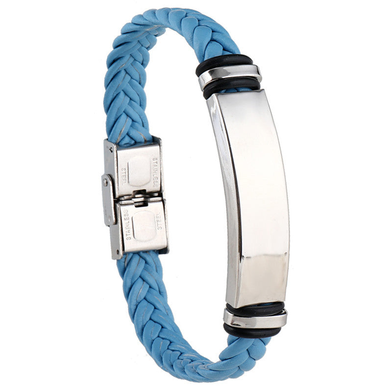 Cross border European and American stainless steel simple bracelet, light plate engraved leather woven bracelet, men's bracelet