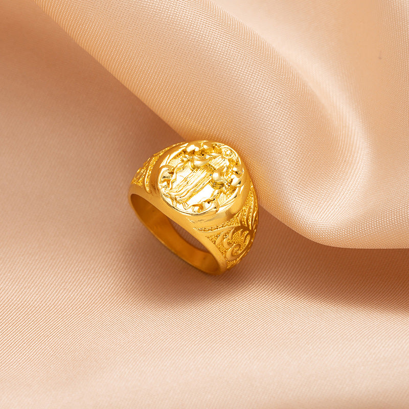 European and American style men's wide retro ring badge carved pattern ring fashionable personality trendy cool hand jewelry