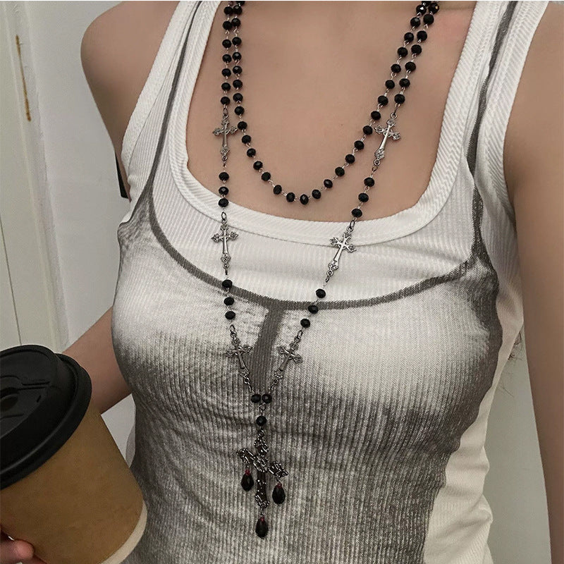 European and American cross heavy industry pearl necklace, dark gothic style multi-layer layered necklace, niche design accessory