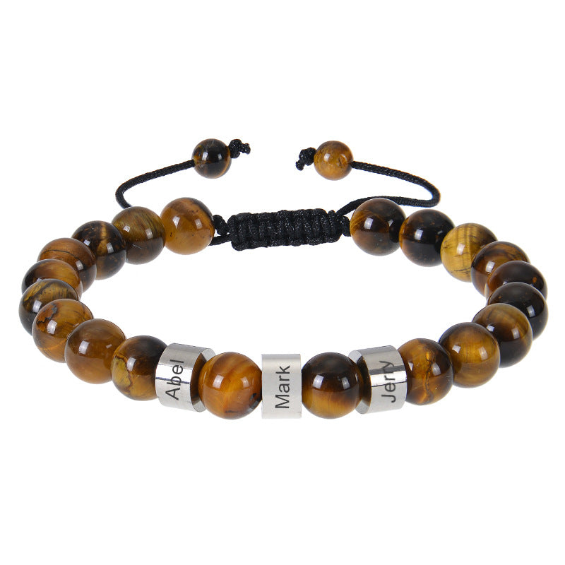 Stainless steel engraved bracelet 8mm natural tiger eye stone volcanic stone custom name bracelet men's Father's Day bracelet