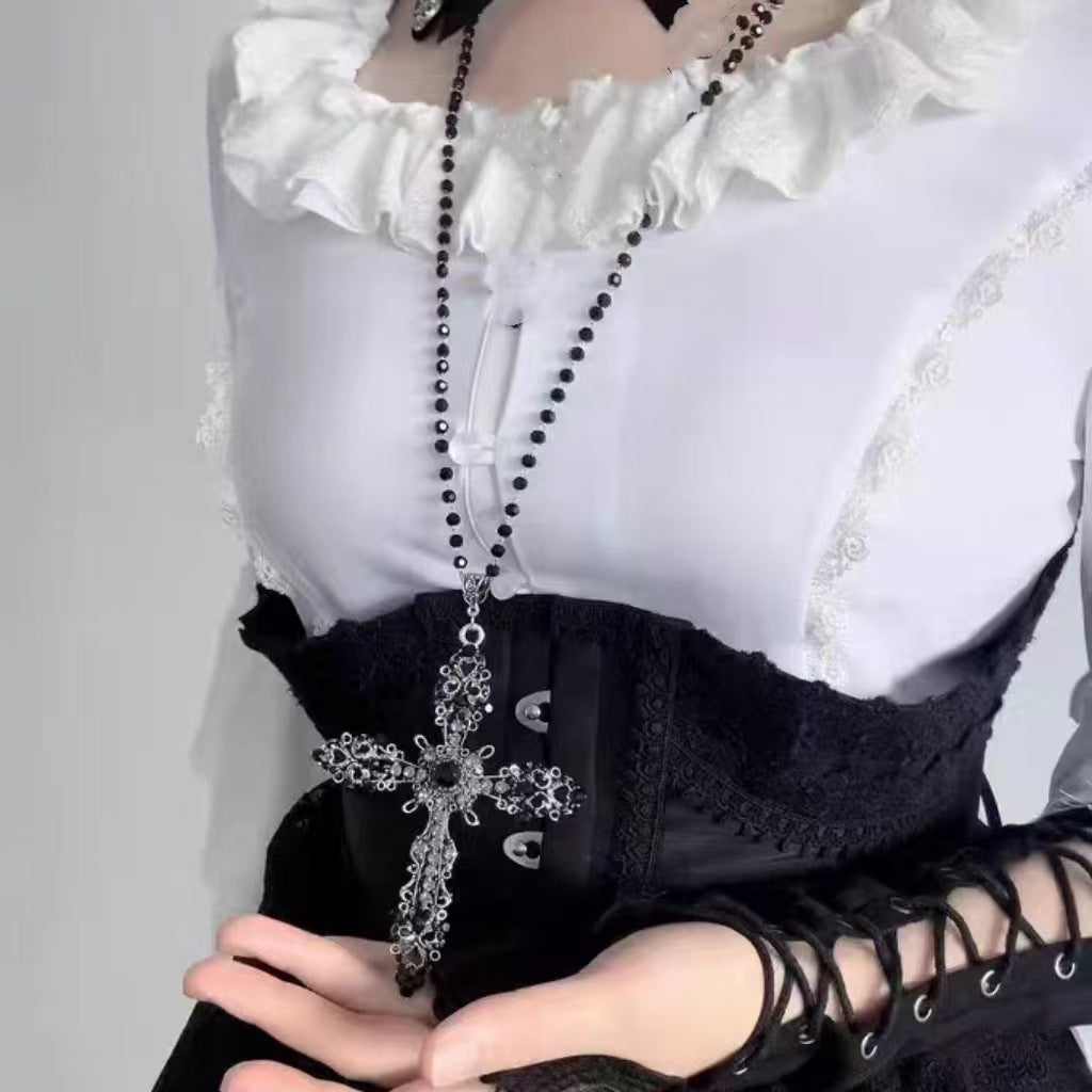 European and American cross heavy industry pearl necklace, dark gothic style multi-layer layered necklace, niche design accessory