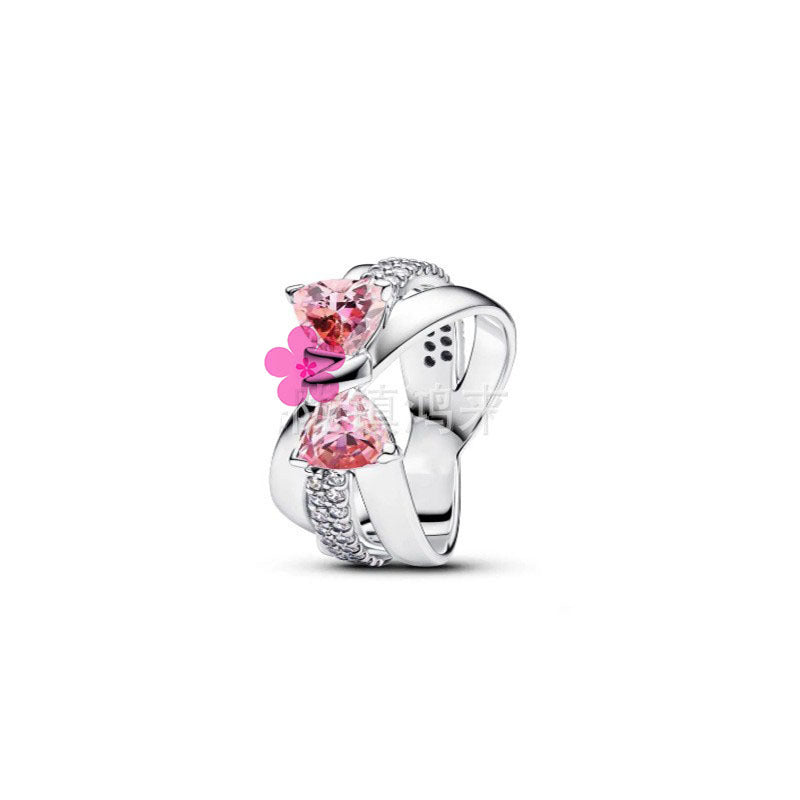 New style white copper plated 925 silver inlaid with diamonds, pink heart-shaped butterfly, simple rose, fashionable ring
