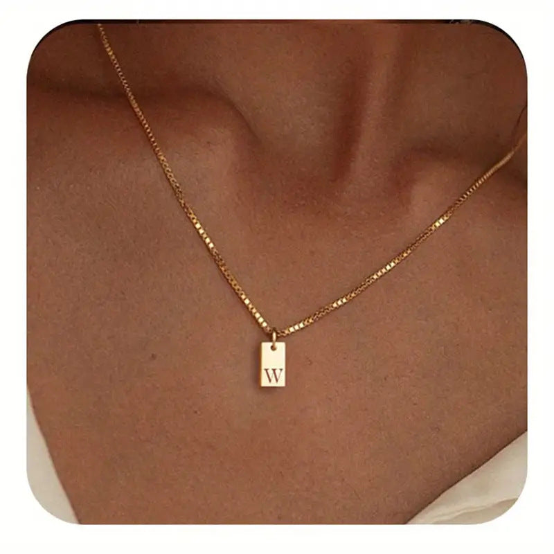 Geometric Metal Carving 26 English Letter Square Pendant Women's Necklace Copper Plated 14K Gold