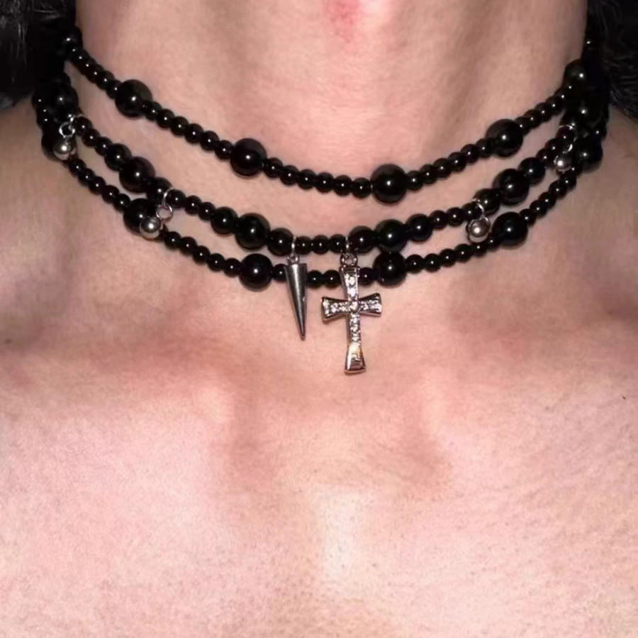 European and American cross heavy industry pearl necklace, dark gothic style multi-layer layered necklace, niche design accessory