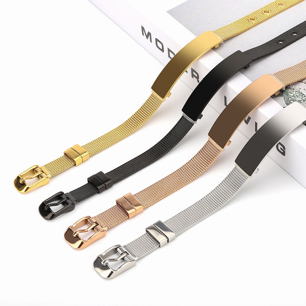 Stainless steel curved mesh belt bracelet with adjustable buckle for men and women DIY engraved bracelet accessories