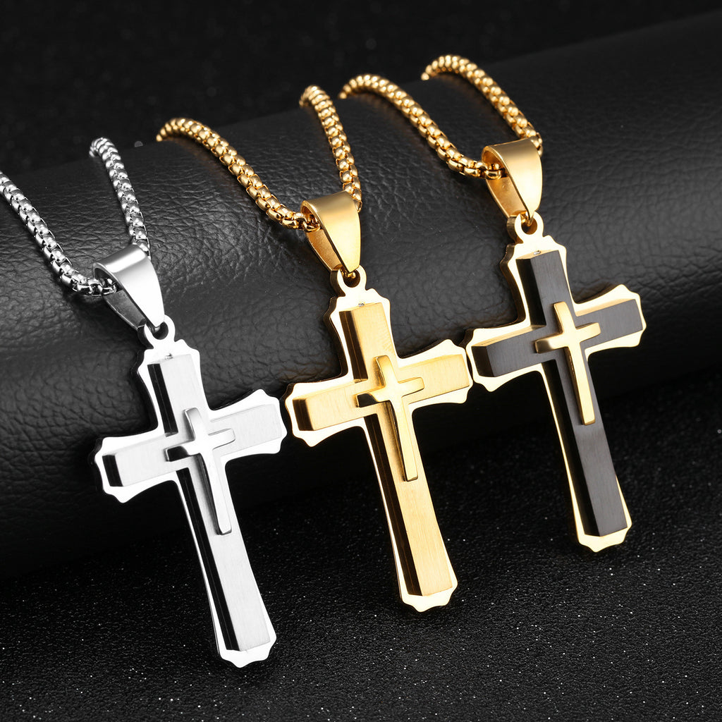 European and American stainless steel cross necklace pendant, titanium steel non fading necklace, three-dimensional accessory for men