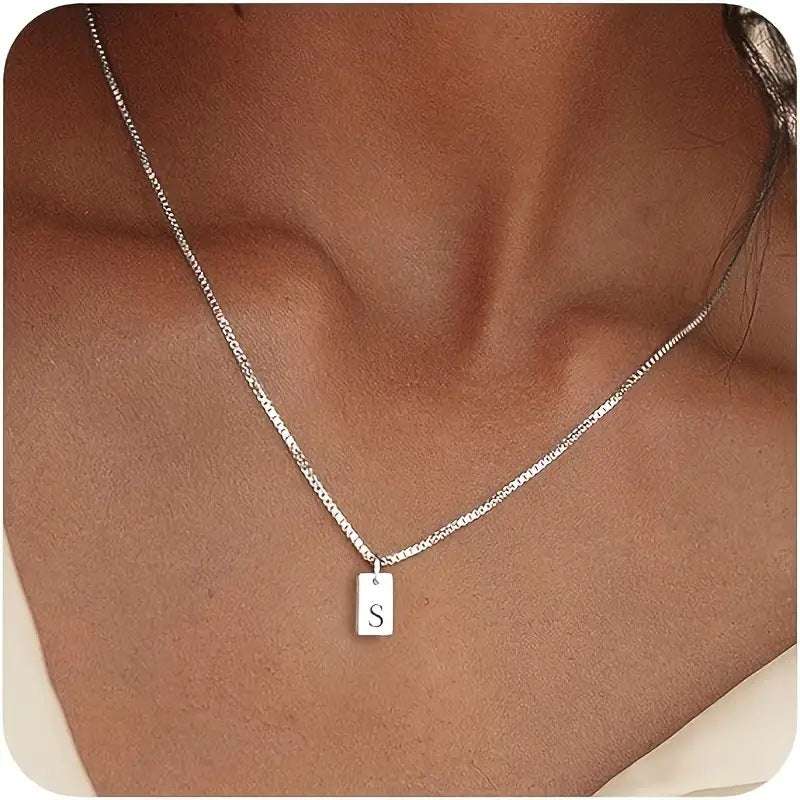 Geometric Metal Carving 26 English Letter Square Pendant Women's Necklace Copper Plated 14K Gold