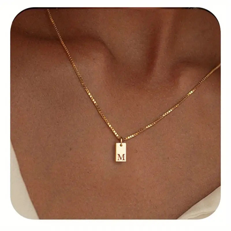 Geometric Metal Carving 26 English Letter Square Pendant Women's Necklace Copper Plated 14K Gold