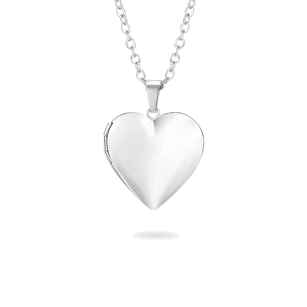 Stainless steel heart-shaped smooth pendant can open photo box, European and American cross-border fashion necklace, women's jewelry