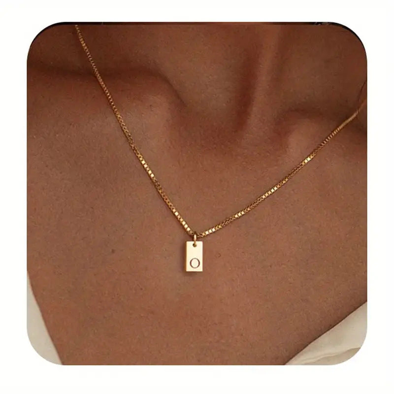 Geometric Metal Carving 26 English Letter Square Pendant Women's Necklace Copper Plated 14K Gold