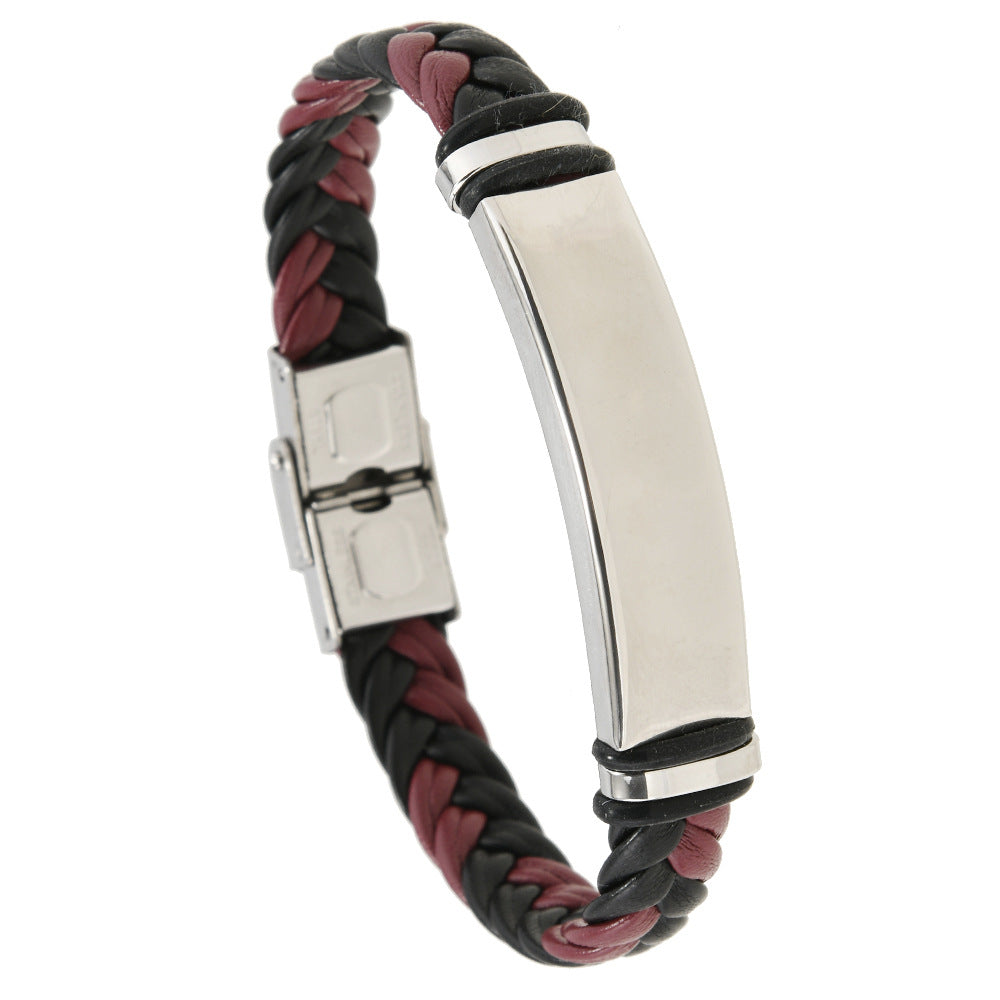 Cross border European and American stainless steel simple bracelet, light plate engraved leather woven bracelet, men's bracelet