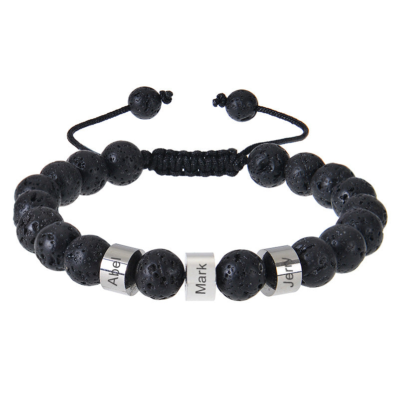 Stainless steel engraved bracelet 8mm natural tiger eye stone volcanic stone custom name bracelet men's Father's Day bracelet