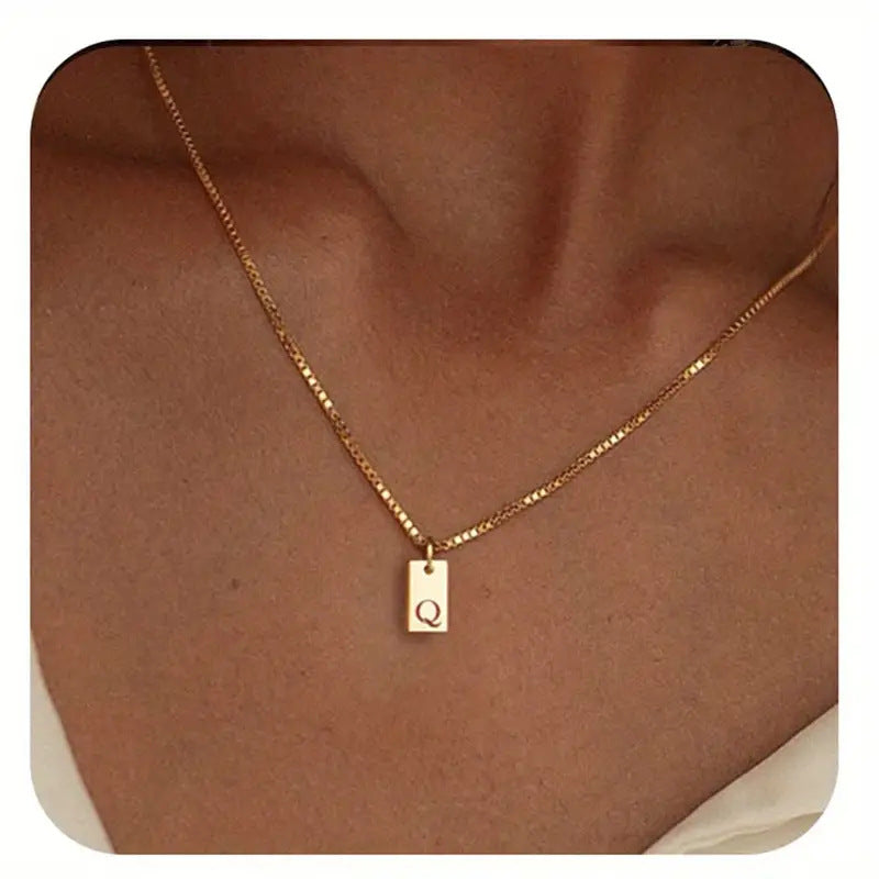 Geometric Metal Carving 26 English Letter Square Pendant Women's Necklace Copper Plated 14K Gold