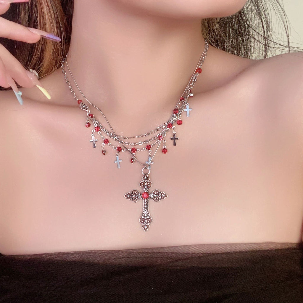 European and American cross heavy industry pearl necklace, dark gothic style multi-layer layered necklace, niche design accessory