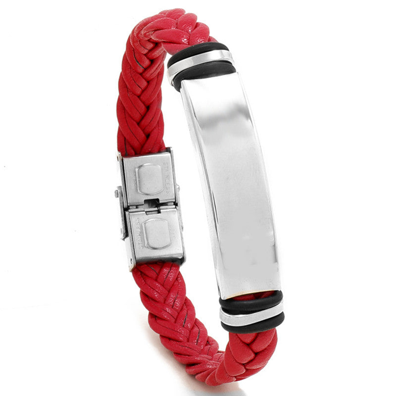 Cross border European and American stainless steel simple bracelet, light plate engraved leather woven bracelet, men's bracelet